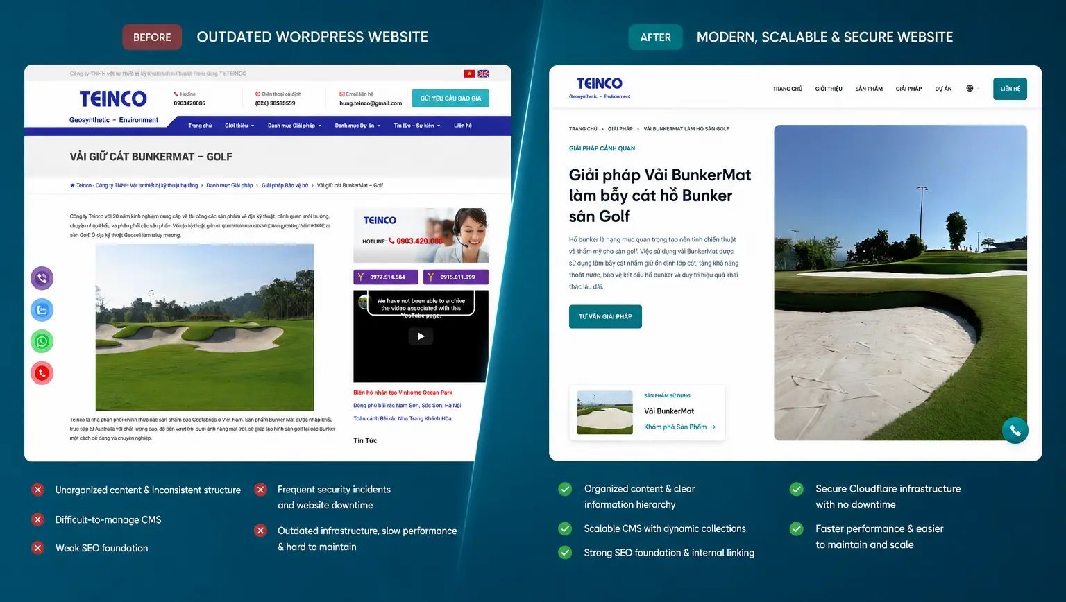 Side by side comparison of an industrial website's page before and after redesign by Vibrance Pixels