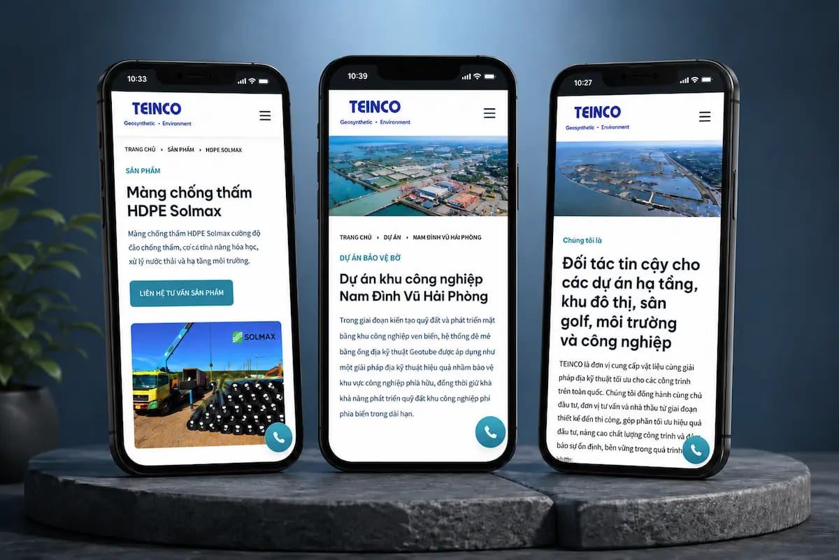 Modern designed pages of an industrial website on phone screens